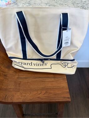 Vineyard Vines x Target Cream Canvas Tote with Navy Trim and Zippered Pocket